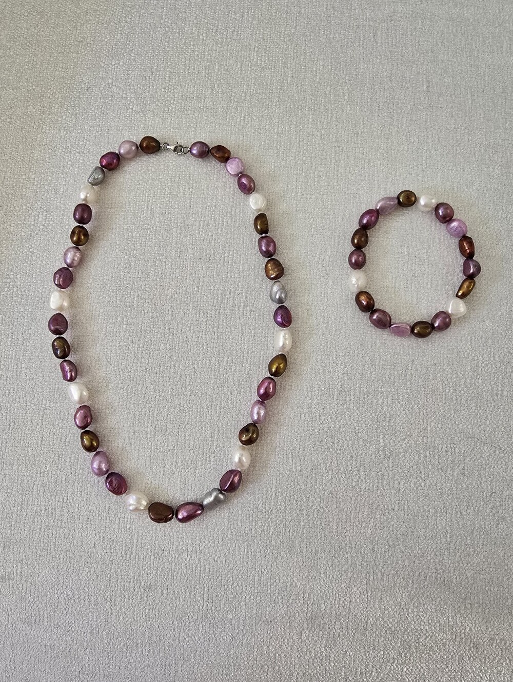 Freshwater Pearl Necklace & Bracelet Set - Multicolor (Pink, Brown, White)
